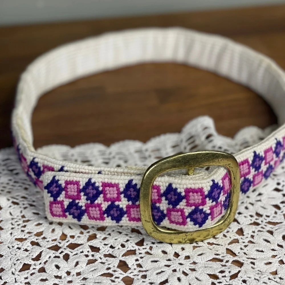 Vintage Handmade Belt Geometric Purple Cross-stitch Corduroy
